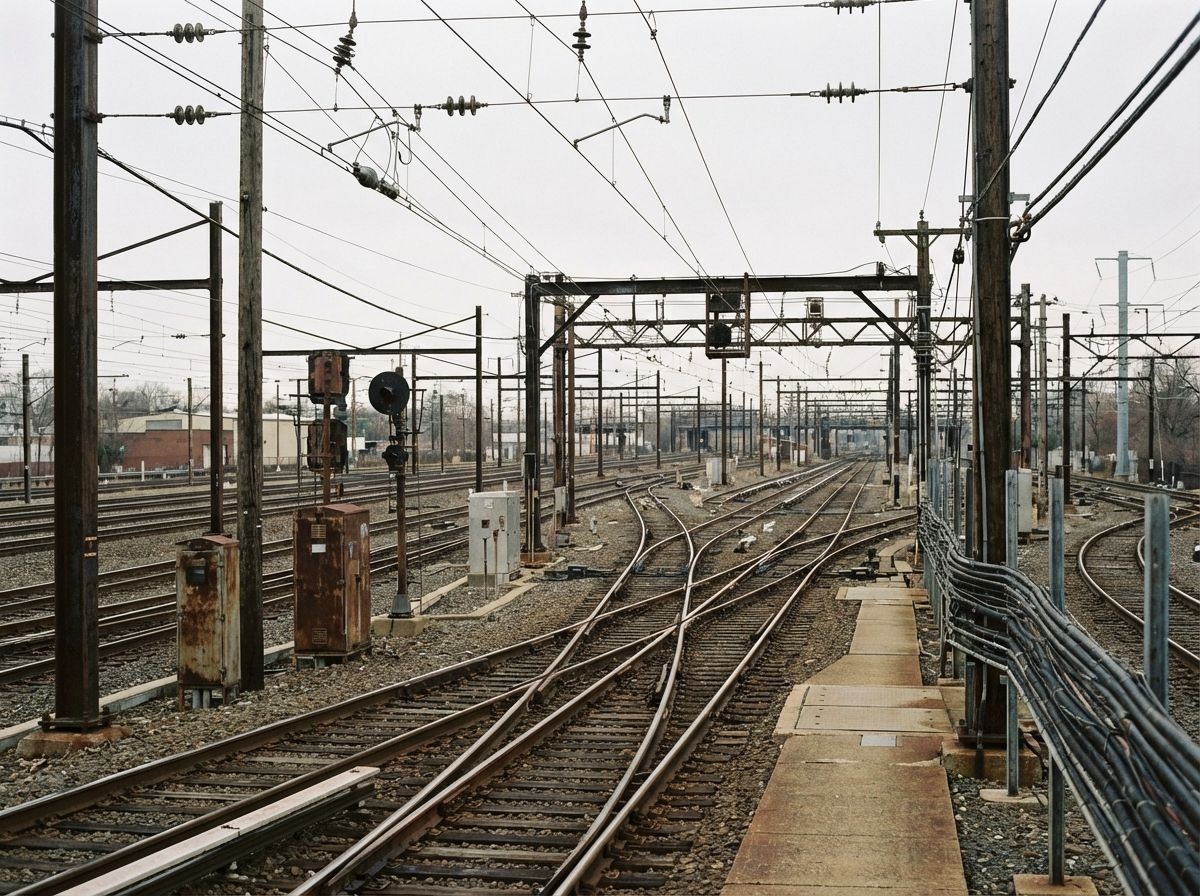 High-resolution realistic image of complex railway infrastructure network with multiple tracks, switches, overhead power lines, signaling systems, cable routes and maintenance access paths. No trains, no vehicles, no people. Emphasis on structural co...
