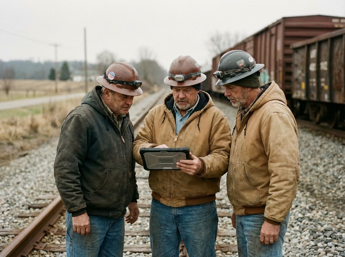 railroad workers at a railroad track looking at device